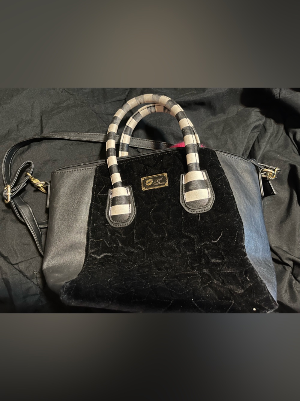 Betsey Johnson Black and White Striped Tote Interior with Pink Lip Print